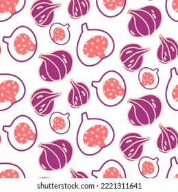 Ritmo de higos enteros y frutos cortados en forma de caricatura en color púrpura y naranja