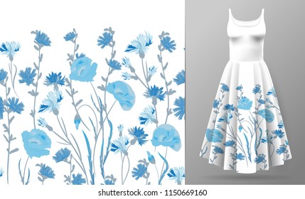 seamless rim. Border with Herbs and wild flowers, leaves. Botanical Illustration Colorful illustration on dress mockup.