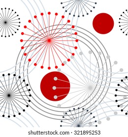 Seamless rings and dandelions retro pattern. 1960s style. Red, black, white. Backgrounds & textures shop.