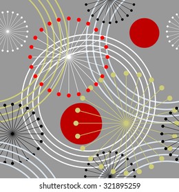 Seamless rings and dandelions retro pattern. 1960s style. Red, black, grey, white. Backgrounds & textures shop.