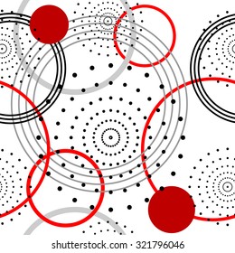 Seamless rings and dots retro pattern. 1960s style. Red, black, white. Backgrounds & textures shop.