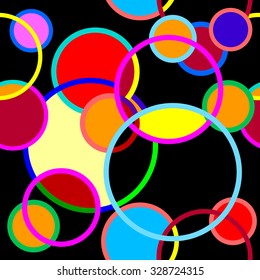 Seamless rings and dots retro pattern. 1960s style. Red, black, yellow, blue. Backgrounds & textures shop. 