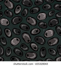 Seamless with Ripe Black Olives. Isolated on a Black Chalkboard Background. Realistic Doodle Cartoon Style Hand Drawn Sketch Vector Illustration. Food Pattern.