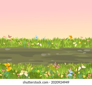 Carretera sin problemas. Composición de borde horizontal. Paisaje de verano. Hierba jugosa. Paisaje rústico rural. Diseño de caricaturas. vector de ilustración de estilo plano