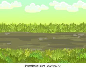 Seamless road. Horizontal border composition. Summer meadow landscape. Juicy grass. Rural rustic scenery. Cartoon design. Flat style art illustration. Vector.