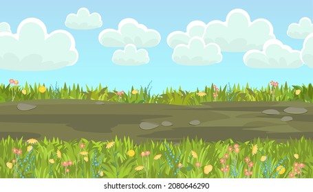 Seamless road. Horizontal border composition. Summer meadow landscape. Juicy grass. Rural rustic scenery. Cartoon design. Flat style art illustration. Vector.