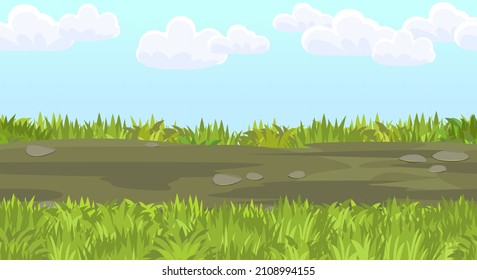 Carretera sin problemas. Composición de borde horizontal. Paisaje de verano. Hierba jugosa. Paisaje rústico rural. Diseño de caricaturas. Ilustración de arte de estilo plano. Vector.