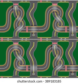 Seamless road map with bridges, bends, asphalt on green background
