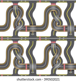 Seamless road map with bridges, bends, asphalt on white background