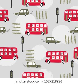 Seamless road pattern with cartoon red London bus and car. Baby print.