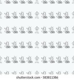 Seamless robot black and white doodle pattern. The concept of science and the future. Cartoon style. Hand-drawn monochrome illustration.
