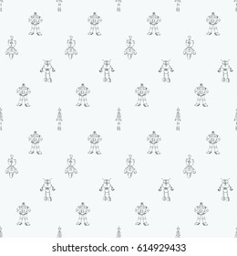 Seamless robot black and white doodle pattern. The concept of science and the future. Cartoon style. Hand-drawn monochrome illustration.