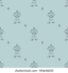 Seamless robot doodle pattern. The concept of science and the future. Cartoon style. Hand-drawn illustration.