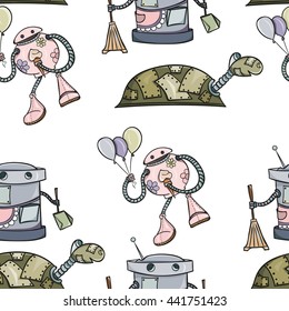 Seamless robot pattern can be used for wallpaper, website background, wrapping paper.Funny kids vector bright pattern. Robot design. Children concept.