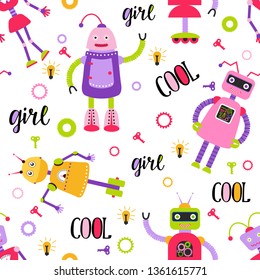 Seamless robot pattern vector illustration. Seamless background with cute funny robots in cartoon style