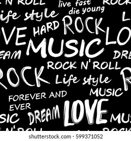 Seamless Rock Music Festival Pattern. Rock And Roll Typography, Vector.