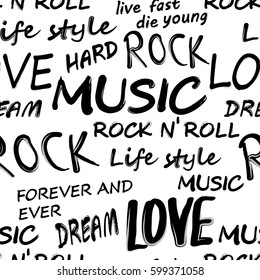 Seamless Rock Music Festival Pattern. Rock And Roll Typography, Vector.