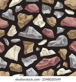 Seamless rock pattern. Endless background design with repeating stone print. Mosaic masonry texture with boulders, rough rubbles and coubles fragments. Hand-drawn vector illustration for decoration