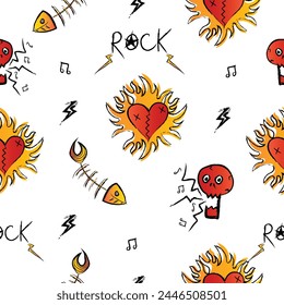 Seamless rock pattern on white background.Rock pattern with skulls,text,heart with fire and notes.