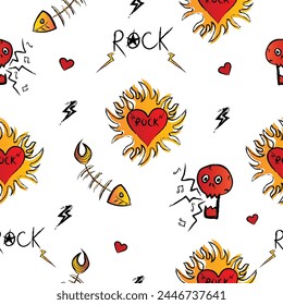 Seamless rock pattern on white background.Rock pattern with skulls,text,heart with fire and notes.