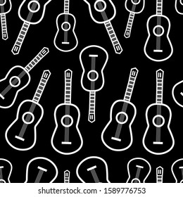 Seamless rock pattern with white guitar on the black background. Ornament for concert banner, poster, card, album cover, website, wrapping paper, packaging. Vector illustration