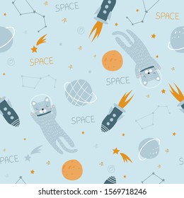 Seamless rocket pattern with kitten in space on blue background. Vector illustration for printing on fabric, clothing, tableware, packaging paper, food. Cute baby background.