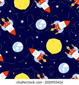Seamless rocket pattern with ship, moon, earth, stars, stripe way. Vector kids background. template of wrapping paper, fabric textile print, wallpaper, cover. Children t shirt design
