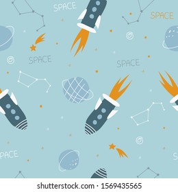 Seamless rocket pattern in space. Vector illustration for printing on fabric, clothing, tableware, packaging paper, food. Cute baby background.
