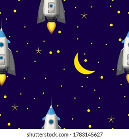 Seamless Rocket pattern, stars and space. Vector illustration ispalted cartoon style