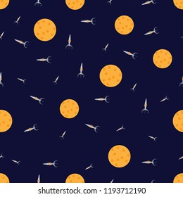 Seamless rocket pattern with yellow planets on a dark blue background