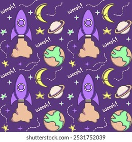 Seamless rocket space patterns featuring planets, stars, moons, and rockets in various color schemes. Perfect for kids' space-themed designs.