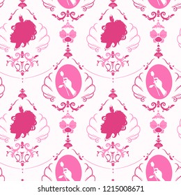 seamless rococo style girly pink pattern with monograms and hearts, shells