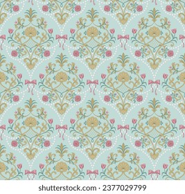 Seamless Rococo style pattern with pearls, roses, tulips, shells and bow ties.