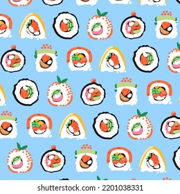 Seamless roll sushi illustration pattern, blue background