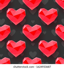 Seamless romance 3d heart decoration pattern on black background. Valentines day pattern design, print, textile, wrapping background. Vector art