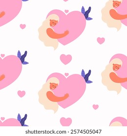 Seamless romance pattern. Happy woman with long hair with big pink heart valentine on white background. Vector illustration. Female holiday character, Women Day, Valentine Day 