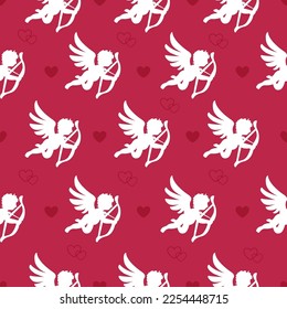 Seamless romantic background with cute cupids and hearts on a red background. Valentine's Day.