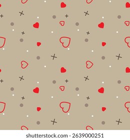 Seamless romantic background with red hearts, playful crosses and dots on beige backdrop for wrapping paper, textiles or Valentine's decor