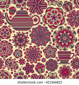 Seamless romantic background with teapot, cup, muffins, flowers. Curtain or tablecloth design. Vector illustration. 