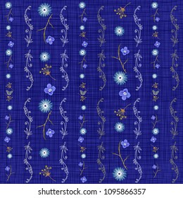 Seamless, romantic, blue floral pattern with field plants and decor. The elements are arranged in vertical rows. Vector for fashion prints, textiles, wallpapers, tile, wrapping paper.
