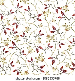 Seamless, romantic, bright floral pattern with field plants. Elegant plants scattered randomly on a white background.Vector for fashion prints, textiles, wallpapers, tiles, wrapping paper.