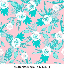 Seamless  Romantic  Brushstroke Floral Pattern Texture in Pink Green and White. Summer Modern chevron print in vector .Hand drawn hipster stylish pop art decorative wallpaper