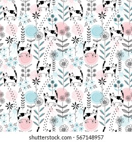 Seamless romantic colorful floral pattern with cute cats 