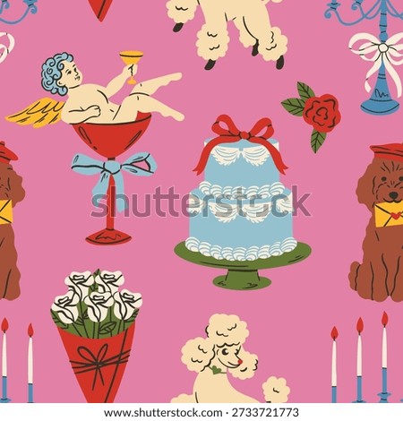 Seamless romantic doodle pattern with hearts, bows, doves, cakes and drinks. Cute vintage coquette illustration for Valentine’s Day, weddings and gifts. Trendy feminine design for wallpaper