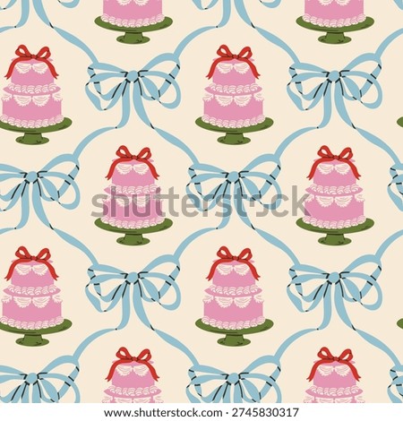 Seamless romantic doodle pattern with hearts, bows, doves, cakes and drinks. Cute vintage coquette illustration for Valentine’s Day, weddings and gifts. Trendy feminine design for wallpaper