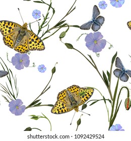 Seamless, romantic, floral pattern with butterflies and field plants. Elegant plants scattered randomly on a white background. Vector for fashion prints, textiles, wallpapers, tiles, wrapping paper