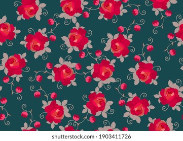 Patrón floral romántico sin inconfundibles con rosas rojas y flores rosadas pequeñas sobre fondo verde oscuro. Imprimir para tela en estilo vintage. Diseño de vectores.