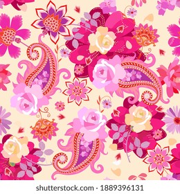 Patrón floral romántico sin inconvenientes con rosas amarillas y rosas rosas, flores fabulosas, mandalas y paisajes sobre fondo amarillo claro. Impresión vintage para tela. Motivos rusos, indios, turcos.