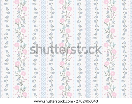 Seamless romantic floral stripe pattern with climbing pink flowers, blue forget-me-nots, trellis stripes and dashed lines on light grey background. Delicate pastel design for fabric and wallpaper.