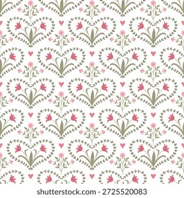 Patrón popular romántico sin fisuras con adornos florales en forma de corazón, ramas y flores Pequeñas en colores rosa suave y oliva sobre fondo blanco. Perfecto para el diseño de la boda, el día de San Valentín, la decoración del vivero, textiles, papel de regalo, papelería y marca femenina.